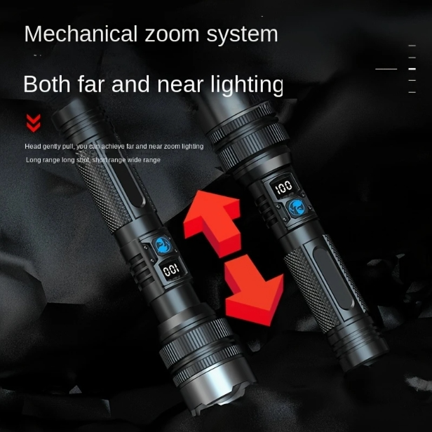 Flashlight, Digital Display High-power Aluminum Alloy Flashlight - USB rechargeable, for outdoor emergency lighting
