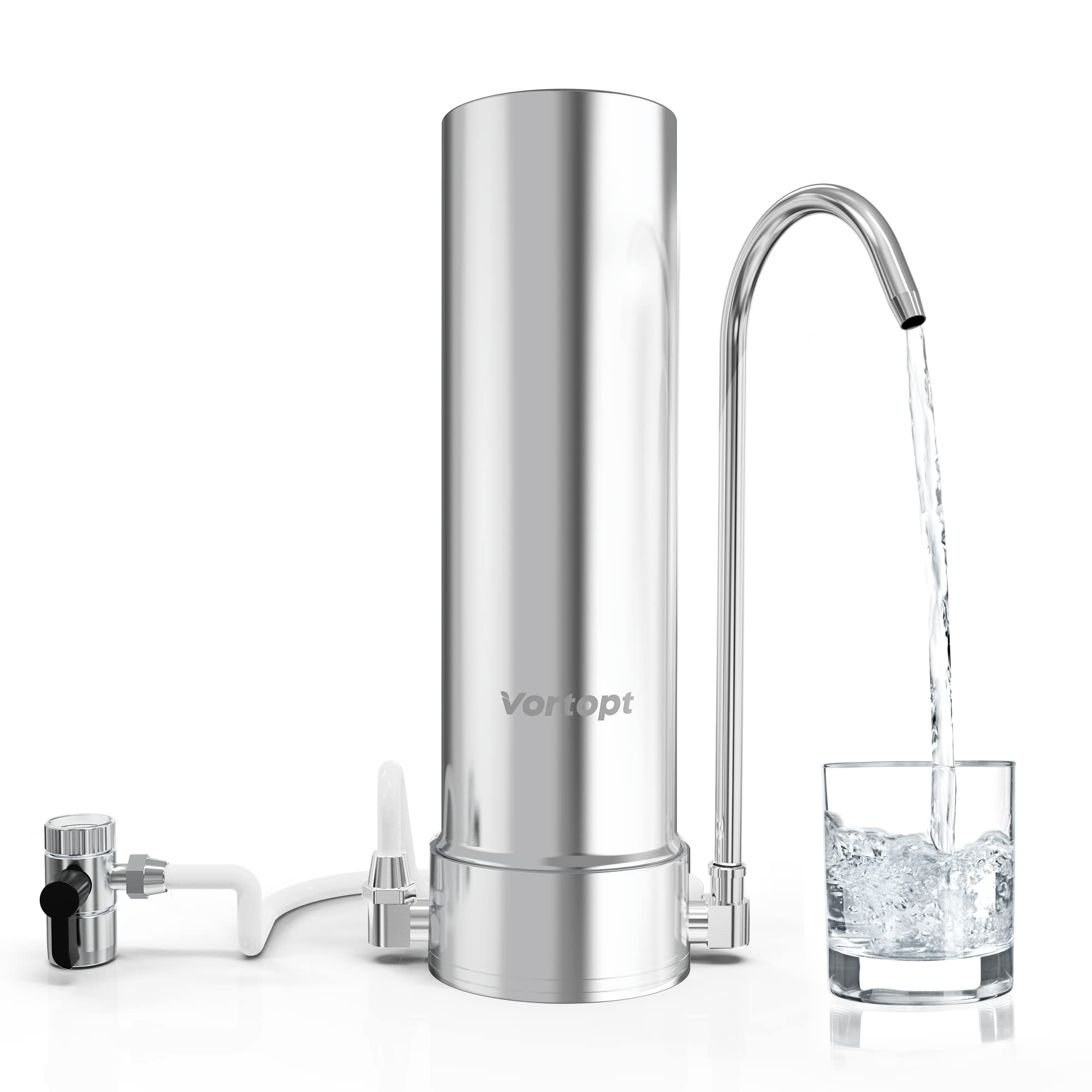 Vortopt Countertop Water Filter System - 5-Stage Stainless Steel Faucet Water Filter for 8000 Gallons - Water Purifier with KDF - Reduces Chlorine, Heavy Metals, Bad Odors - F7 - Includes 1 Filter