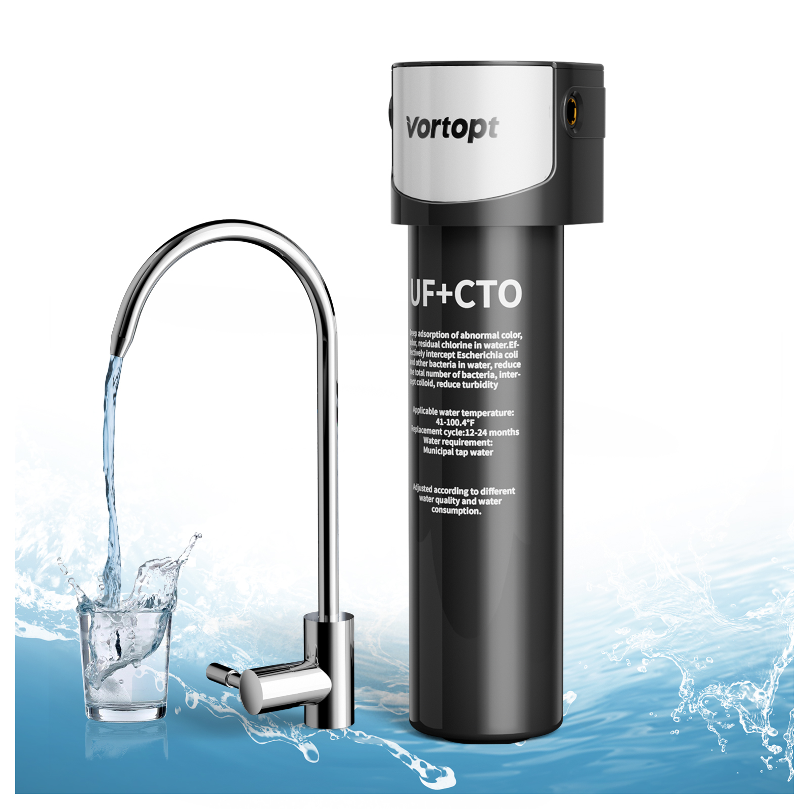 Vortopt Under Sink Water Filter System - Q6-C2 19K Gallons NSF/ANSI 42 Certified Water Filtration, Reduces Lead, Chlorine, Bad Taste & Odor, Water Filter Under Sink with 304 Stainless Steel Faucet