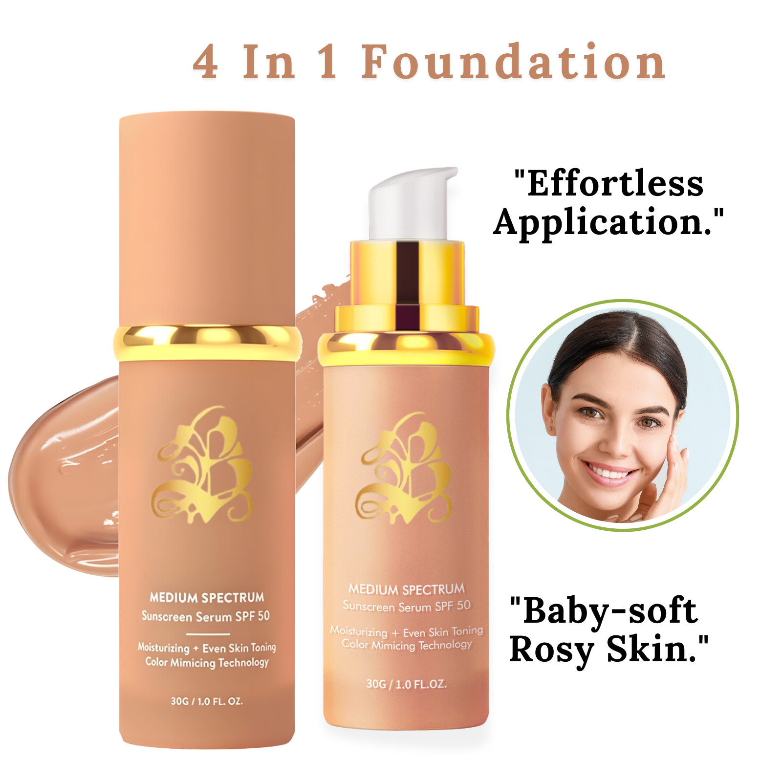 4-in-1 Natural Looking Foundation Medium Spectrum, SPF 50+ Foundation Sunscreen- Full Coverage Foundation Waterproof Concealer