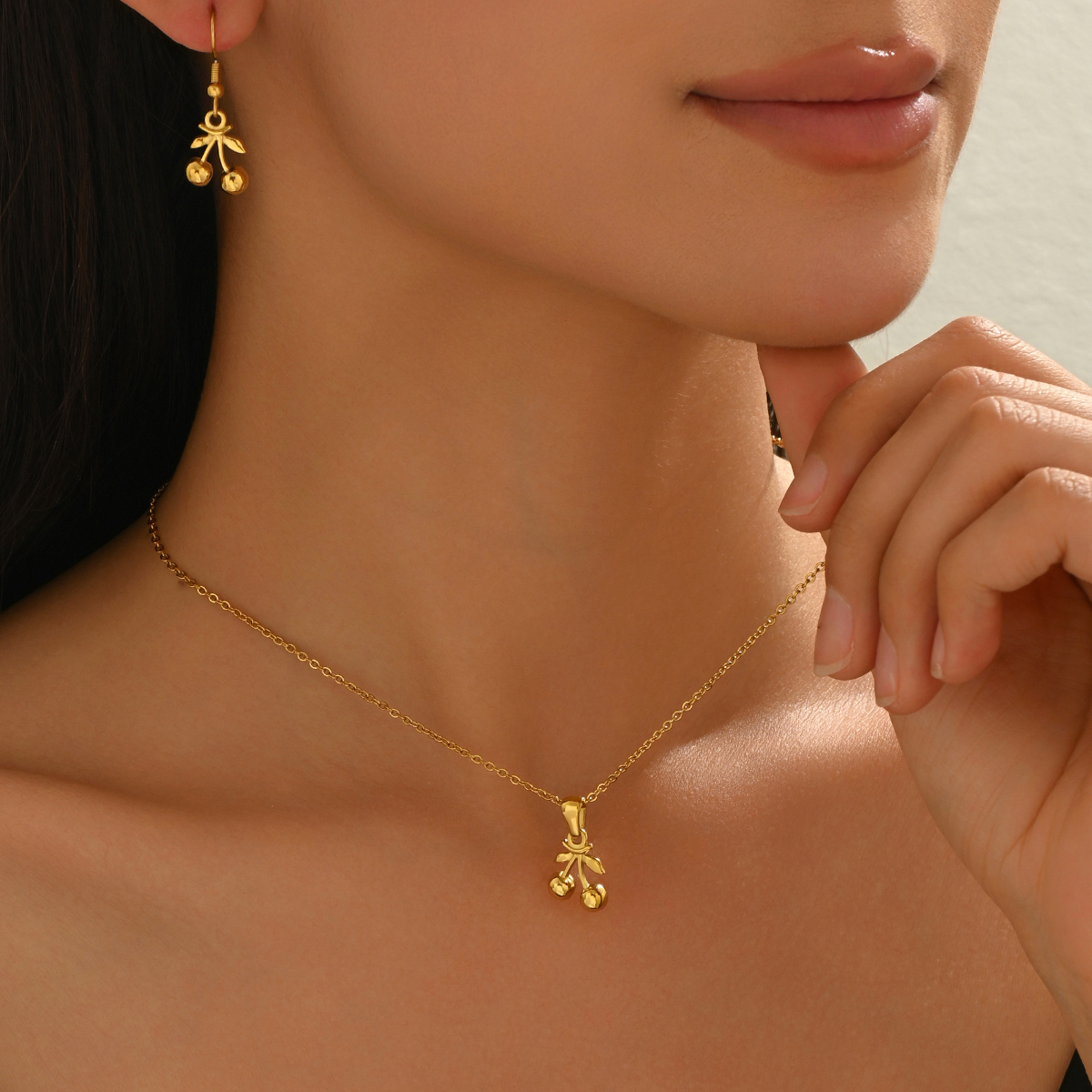 Lxalry 18K Gold Plated Cherry Mirror Jewelry Set, Hypoallergenic Skin-Safe Necklace & Drop Earrings, Never-Fade Adjustable Luxury Gift for Daily/Evening Wear