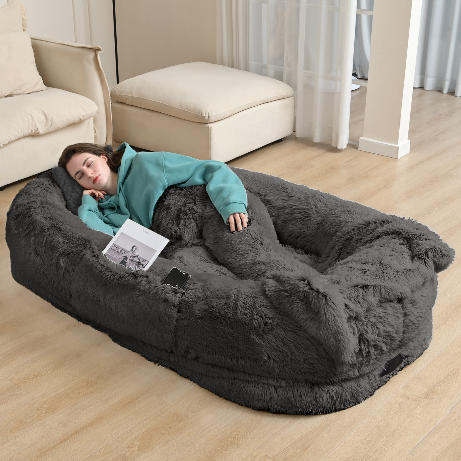 Human Dog Bed, 71''x45''x12'' Size Fits You and Pets, Washable Faux Fur Dog Bed for People Doze Off, Napping Orthopedic Dog Bed, Present Plump Pillow, Blanket, Strap - DarkGrey