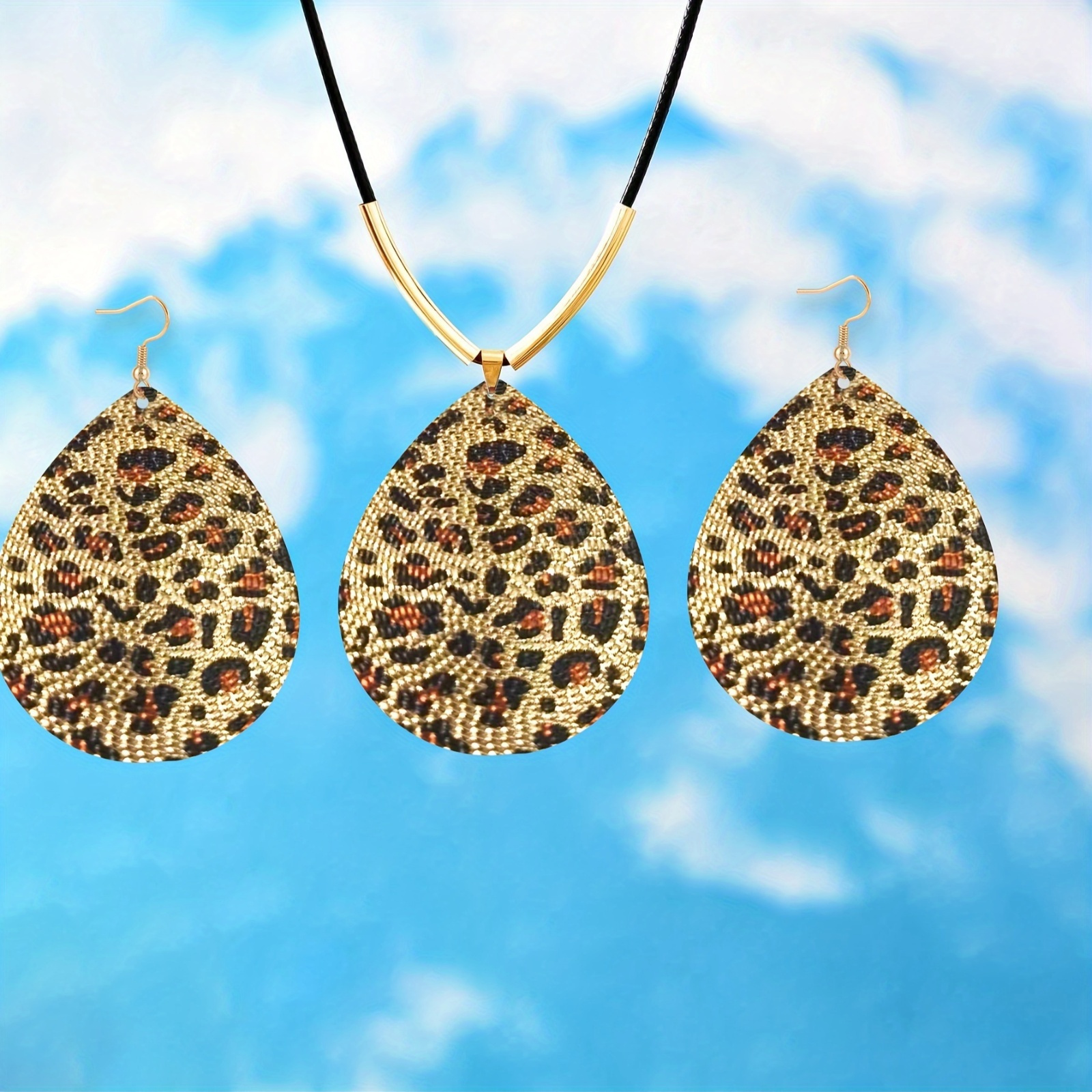 ​Lxalry Recycled Leopard Print Jewelry Set, Eco-Friendly Leather & Iron Necklace Earrings For Women, Hypoallergenic Nickel-Free Gift For Daily Party (Handmade Sustainable Fashion)​​