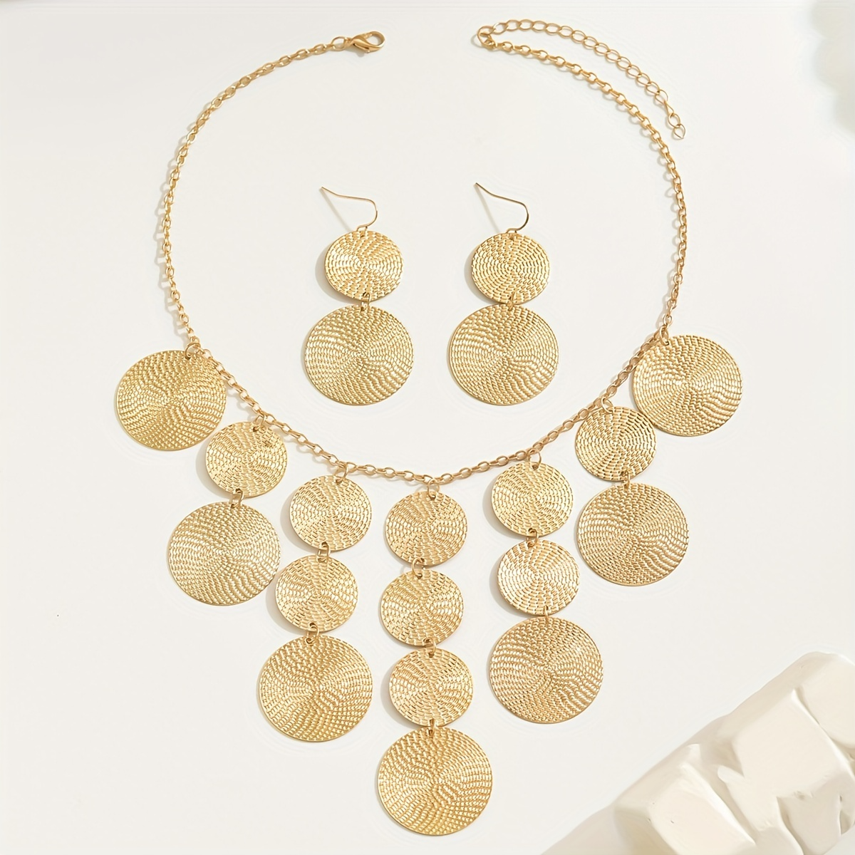 Lxalry Platinum-Plated Layered Disc Jewelry Set, Handmade Textured Necklace & Earrings For Women, Boho Modern Accessories For Daily Evening (Hypoallergenic Tarnish-Resistant)