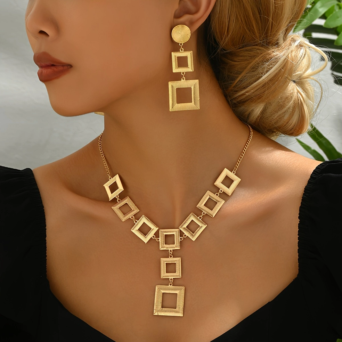 Lxalry 14K Gold Geometric Jewelry Set, Electroplated Necklace & Earrings Duo, Hypoallergenic 316L Gift for Everyday Chic to Evening Glamour