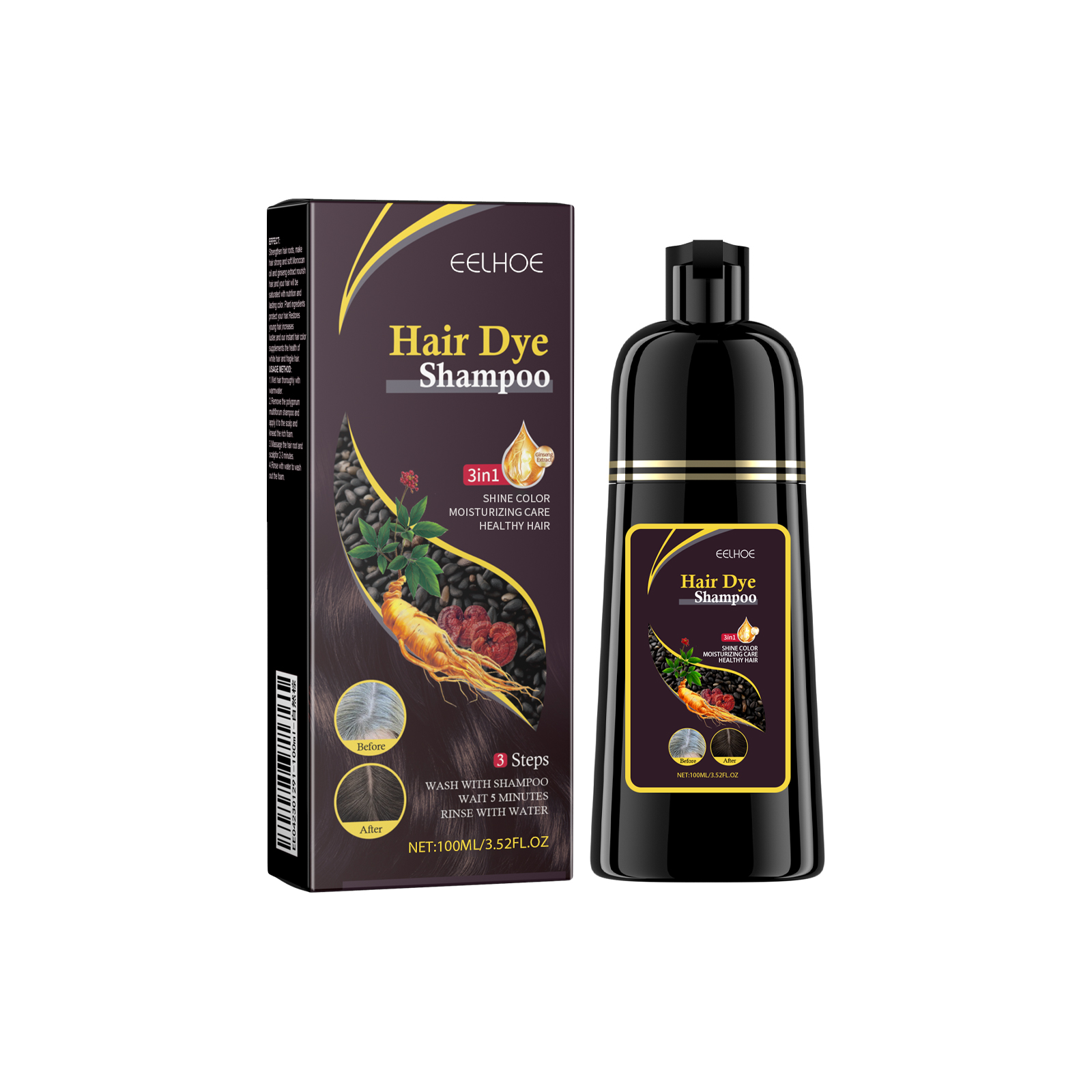 EELHOE White to Black Dyed Shampoo (Natural Brown) Polygonum multiflorum Essence Moisturizing, Cleaning and Repairing Black and Smooth Hair Shampoo