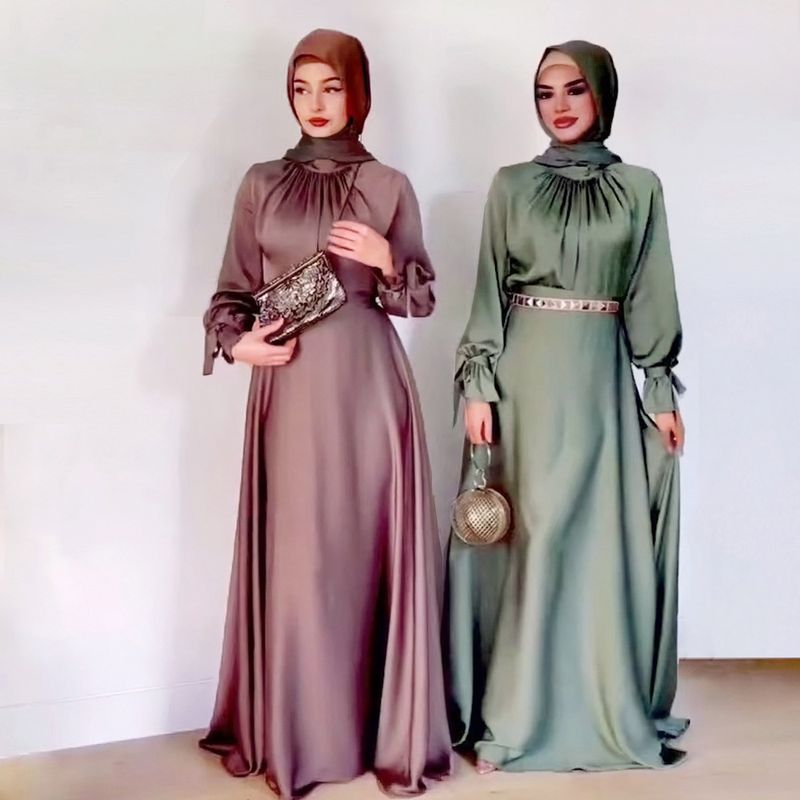 ملابس نسائية مسلمة هوي بلون الأسيتات ذو حزام ساتان