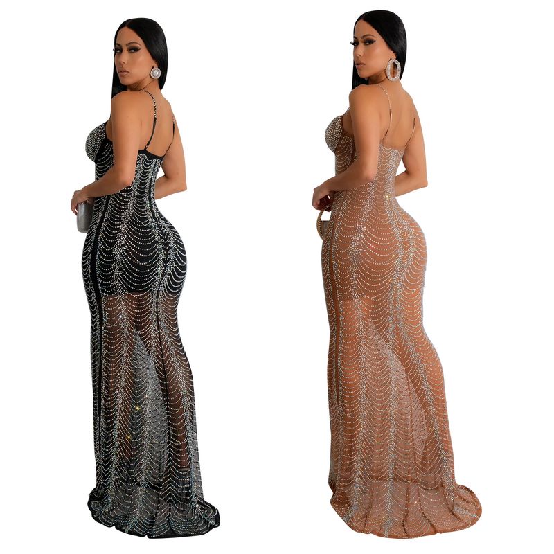 Women's Solid Color Half Sheer Maxi Dresses with Hot Diamond
