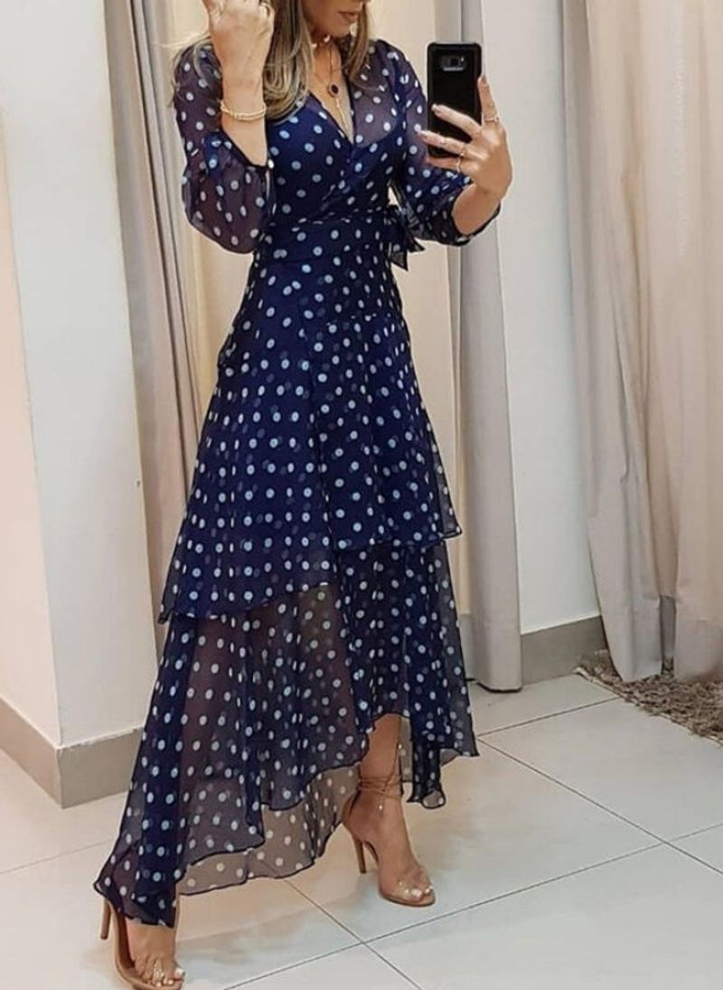 ثوب طويل ب neckline حرف V مطبوع بنقاط غير منتظمة ل...