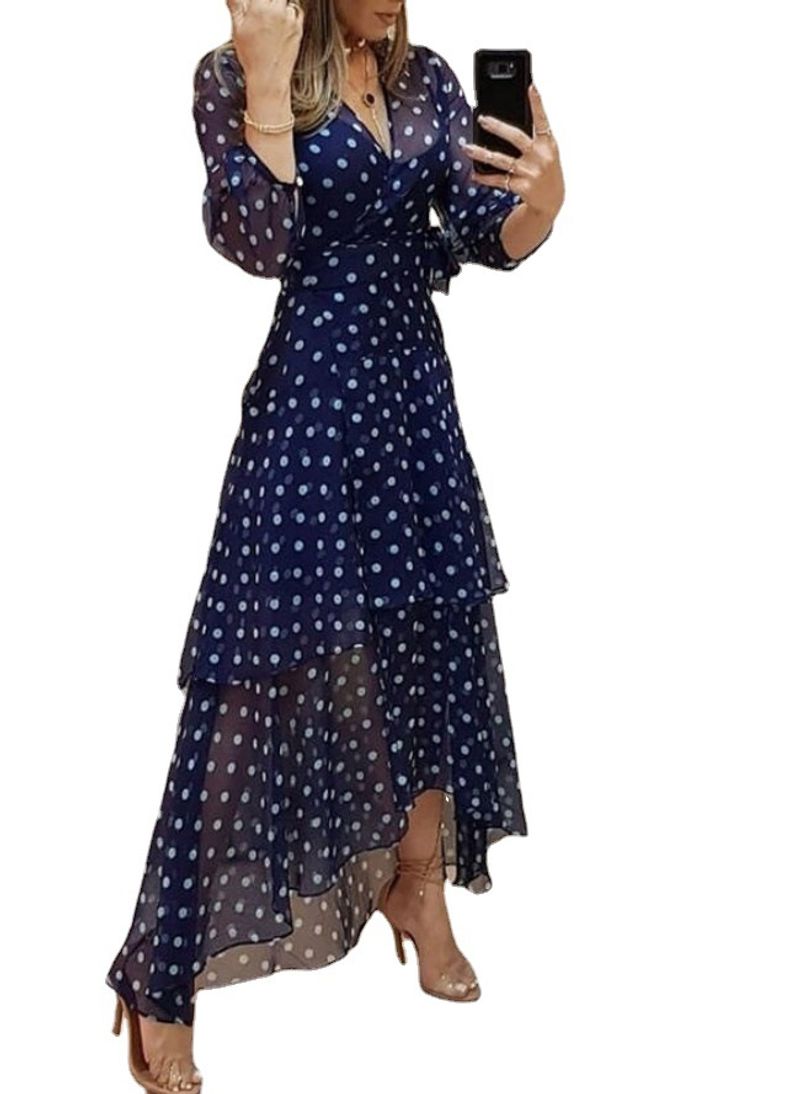 ثوب طويل ب neckline حرف V مطبوع بنقاط غير منتظمة ل...