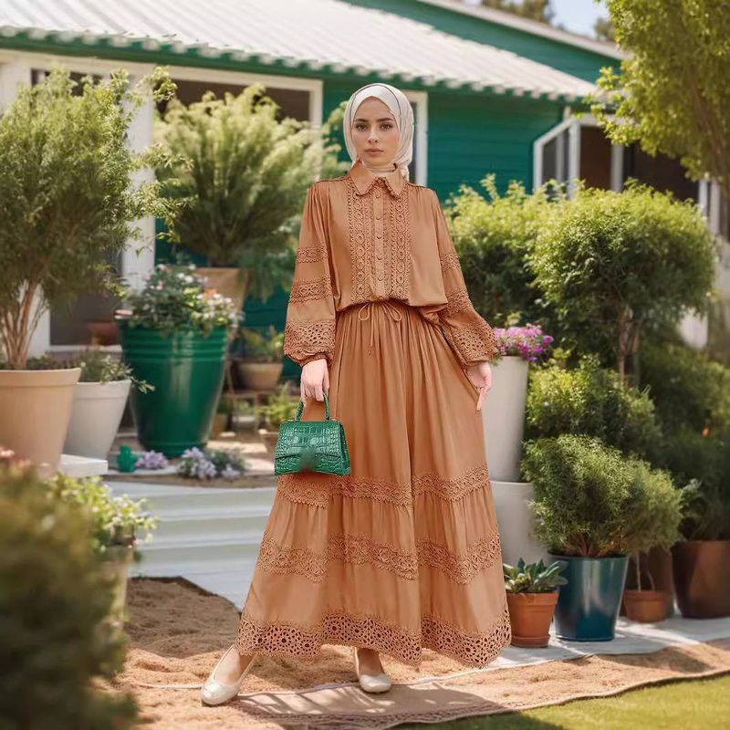 [قطن كتان] ملابس نسائية قميص بلون تطريز شبك فضفاض...