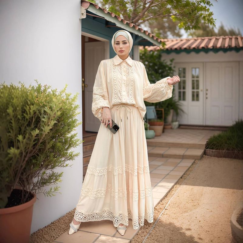 [قطن كتان] ملابس نسائية قميص بلون تطريز شبك فضفاض...