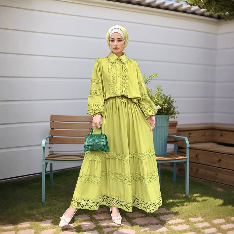 [قطن كتان] ملابس نسائية قميص بلون تطريز شبك فضفاض...