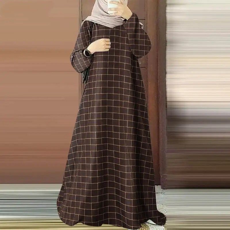 ملابس نسائية فستان ماكسي مخطط موضة إسلامية رجعية ب...