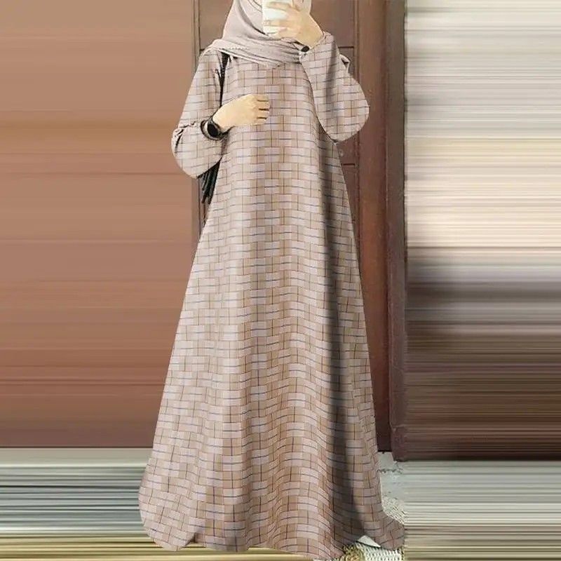 ملابس نسائية فستان ماكسي مخطط موضة إسلامية رجعية ب...