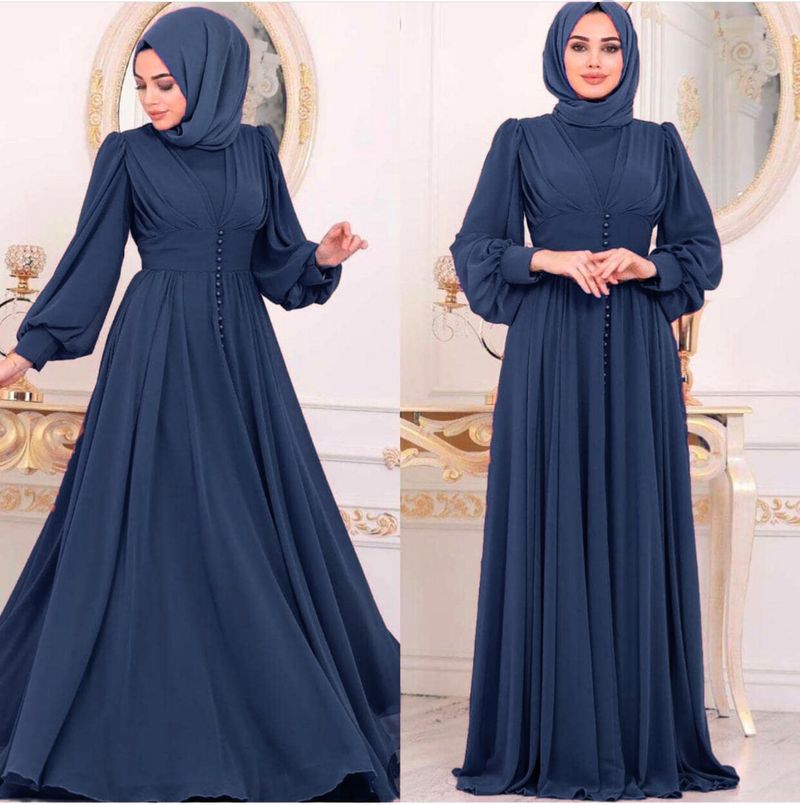 ملابس نسائية عباءة مسلمة بلون صلب من الشيفون مزينة...