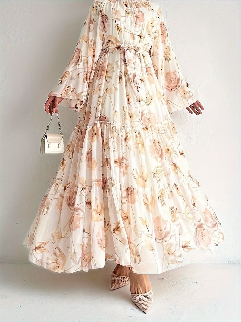 Muslim Women's Elegant Chiffon Dress - Floral Print Long Maxi Dress
