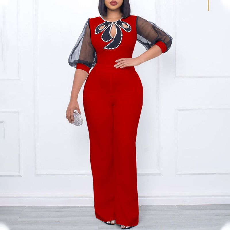 Women's Short Bubble Sleeve Bodysuits S-3XL Studded Beads Sexy Wide Leg Waist Wrapped Large Jumpsuit