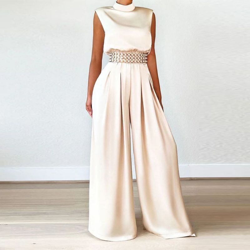 Women's Fashion Wide Leg Pants Solid Color High Collar Sleeveless Waist Pullover Bodysuits