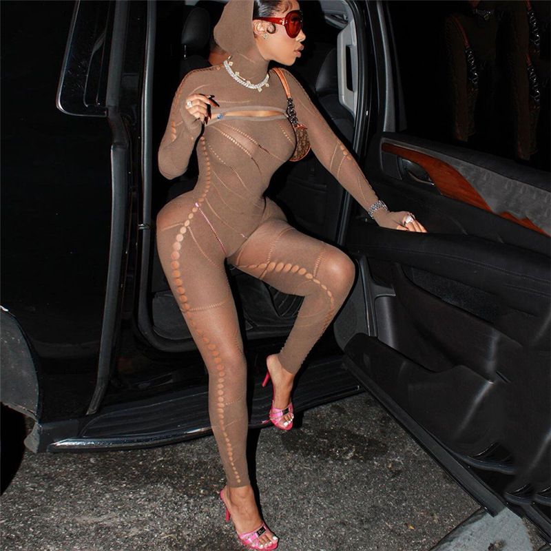 Women's New Sexy Hollow Out Perspective Hooded High Waist Tight Knitted One Piece Pants Bodysuits