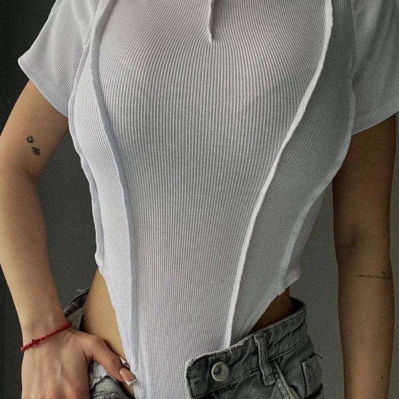 New Summer Style Slim Pit Strip Short Sleeved Patchwork Waist Revealing Tight Fitting One-piece T-shirt For Women's