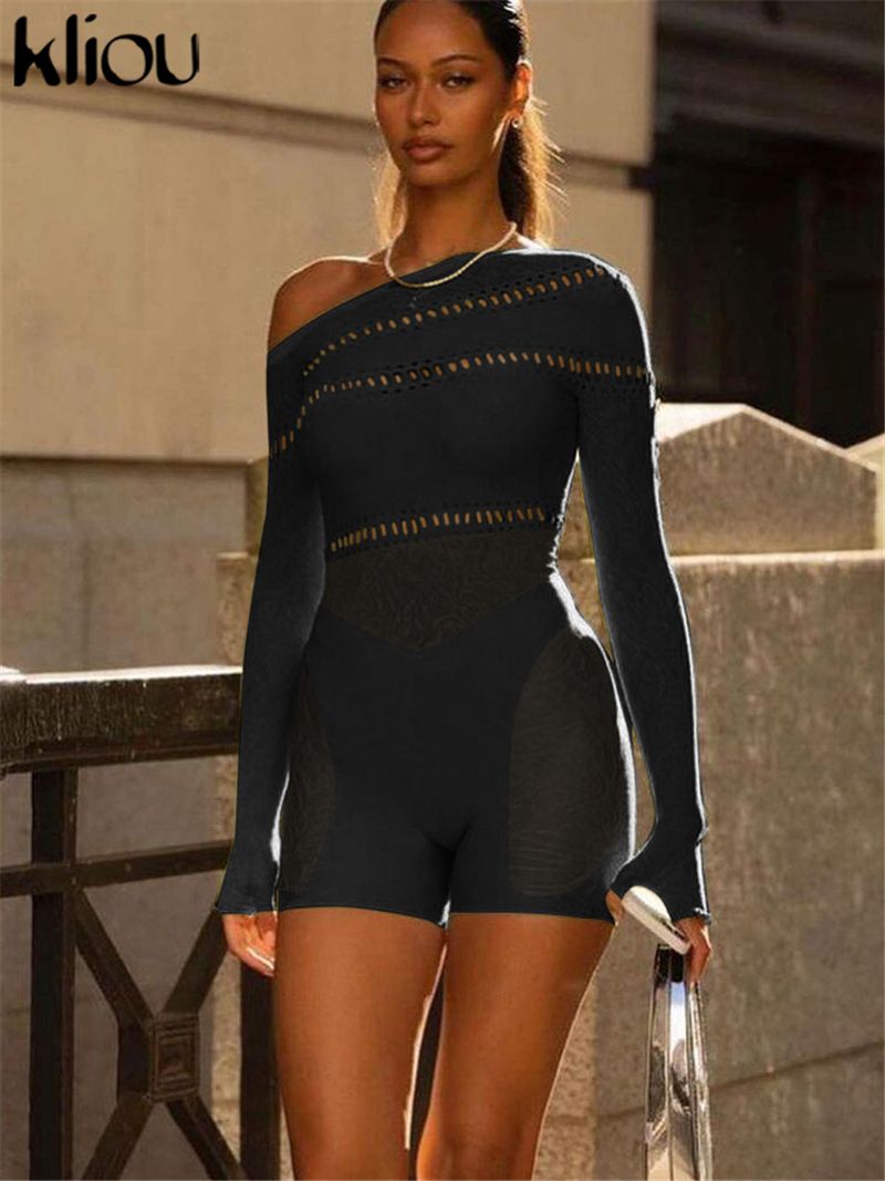 Kliou Mesh See Through Midnight Playsuits Women Sexy Inclined Shoulder Long Sleeve Hollow Out Patchwork Skinny Clubwear