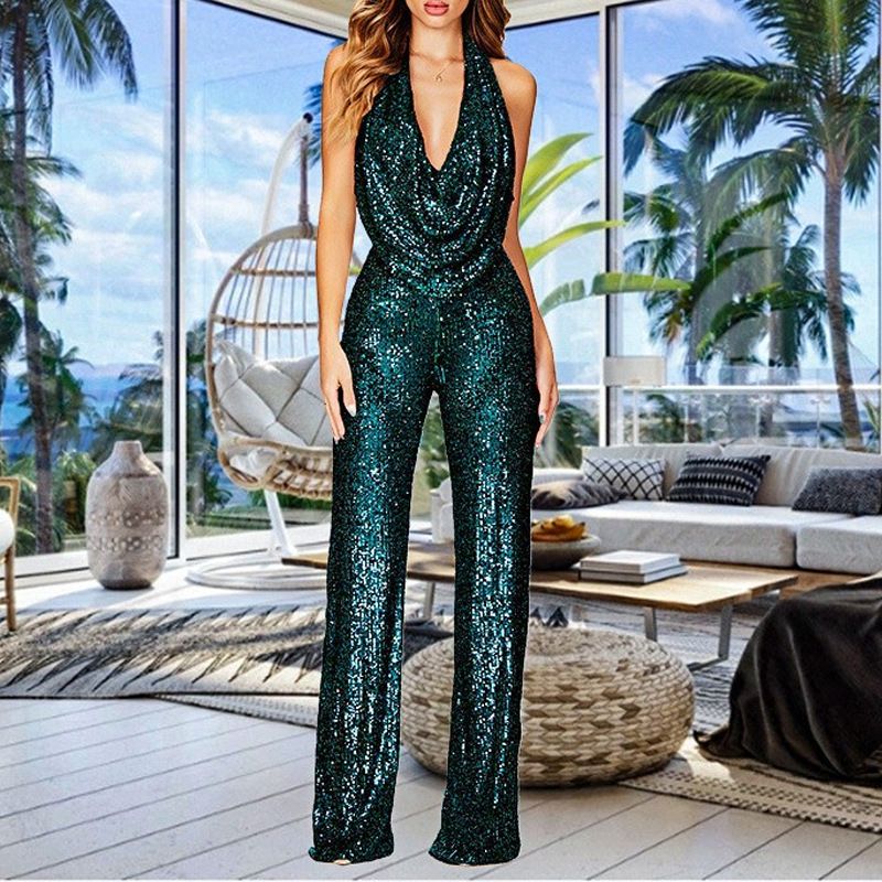 Women's sleeveless halter sequin romper
