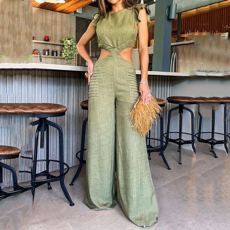 Women's fashion waist waist loose wide leg jumpsuit