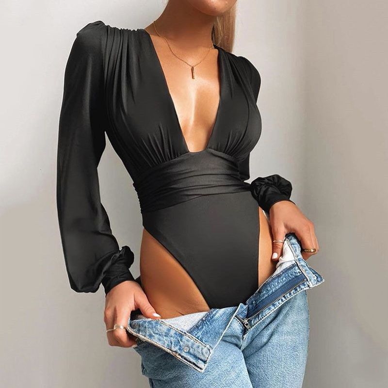 Women's Clothing Fashion Tops Sexy Long Sleeved Deep V Waist Pleated Temperament Jumpsuit