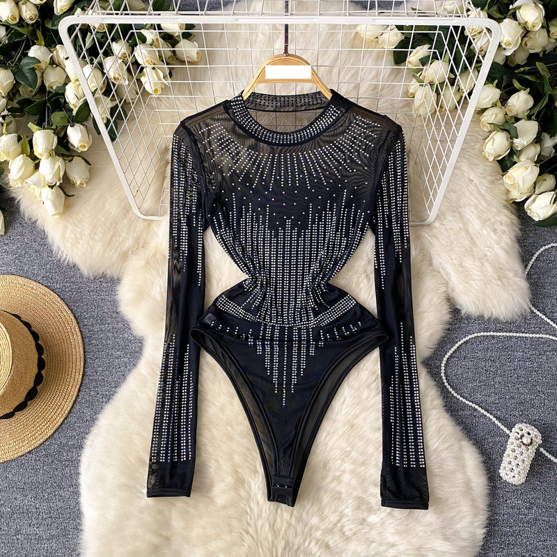 Women's round neck mesh hot diamond jumpsuit slim fit thin versatile bottoming long-sleeved T-shirt top