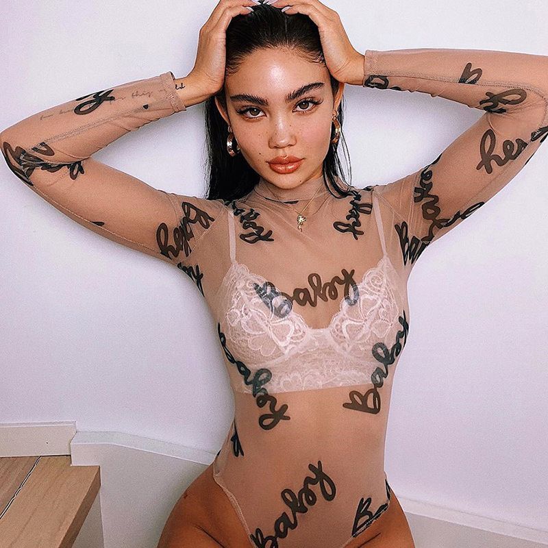 Women's fashion round neck long sleeve T-shirt see-through mesh sexy slim-fit jumpsuit