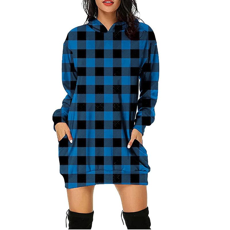 New women's 2024 printed checkered mid length pocket hooded long sleeved sweatshirt