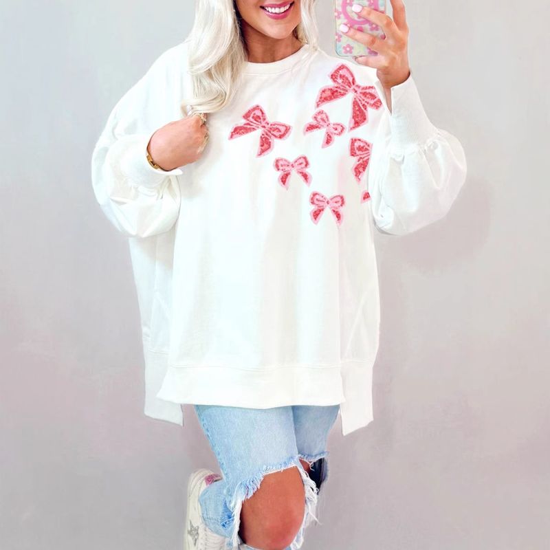 Shiying Autumn Winter New Loose Flesh Covered Round Neck Sweater Women's Fashion Bowknot Sequin Pullover Top Women