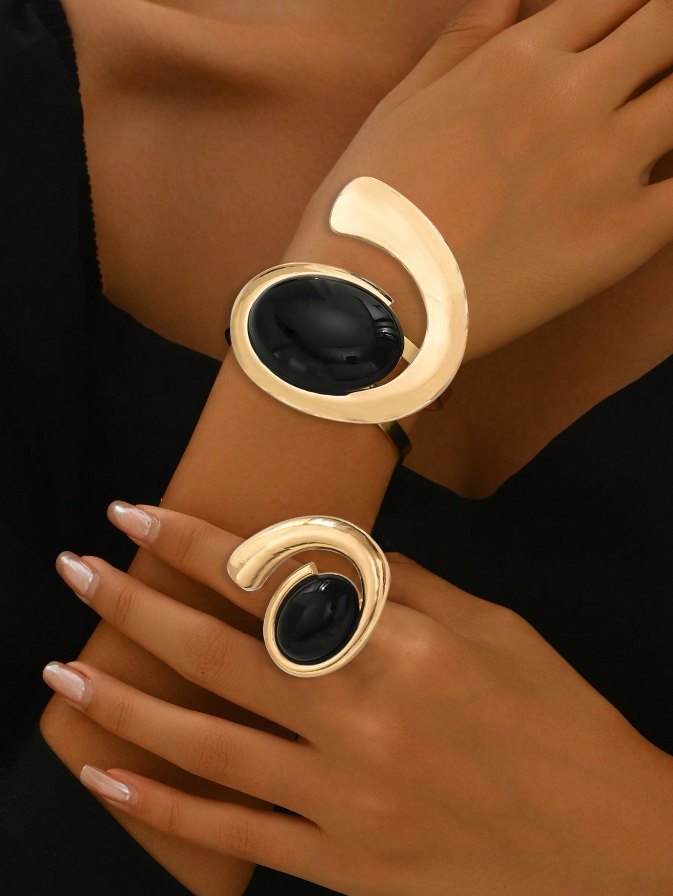 Lxalry Platinum Gothic Jewelry Set, Black Diamond Accent Bracelet & Ring Duo, Handmade Electroplated Iron for Everyday Edge & Dark Glam Nights
