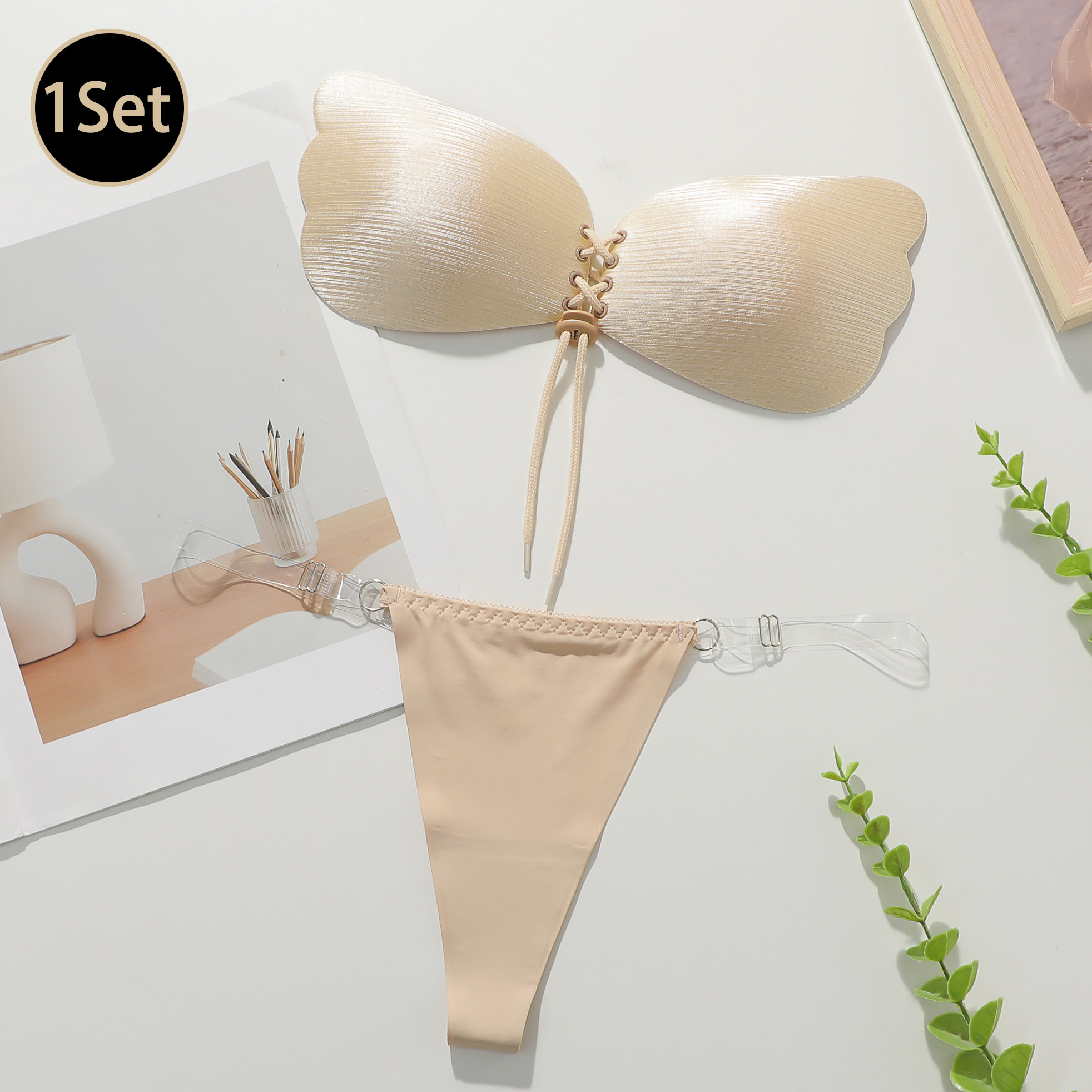 Viomisha 1 Set Women Sticky Bra And Thong Briefs Backless Strapless Bra Push Up Breathable Underwear  Adhesive Invisible Lift Up Bras.
