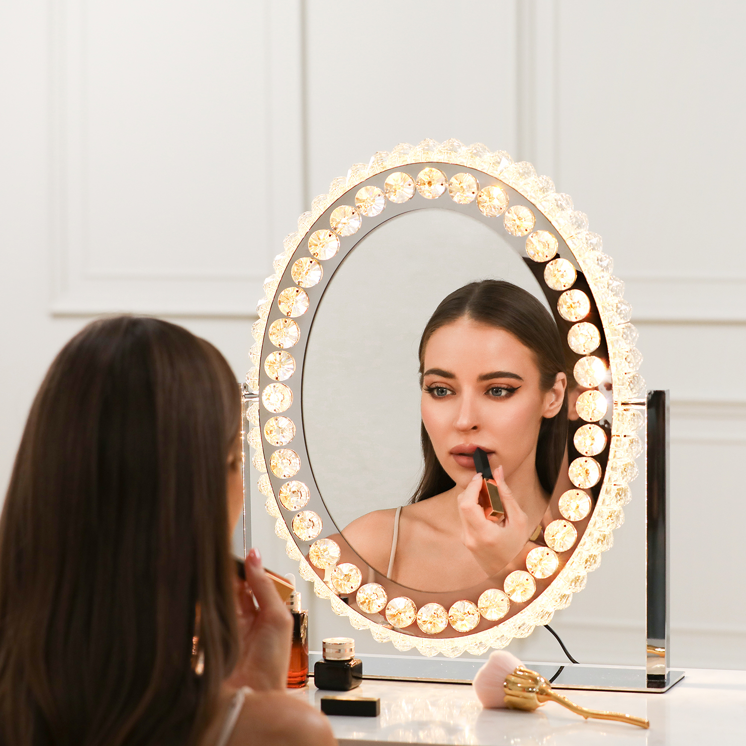 Luxury oval crystal makeup mirror with lights high-end dressing mirror bedroom light luxury makeup mirror desktop desktop mirror home mirror