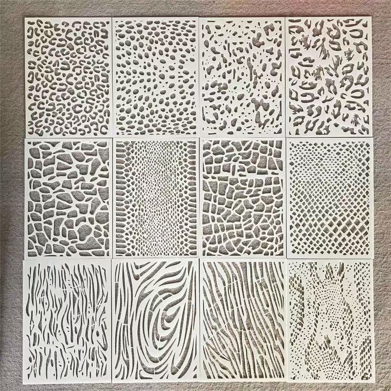 12Pcs Mixed Stencils for Painting, Art Stencils for Crafts Reusable, Wood Grains Flower Texture Templates Spider Web Layering Spray Paint Stencils Kit on Wall Canvas Cake Card DIY (7.1in×11.02in'')