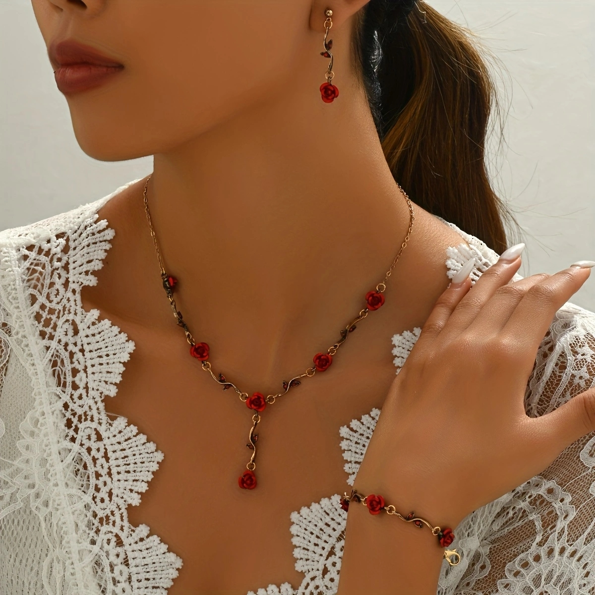Lxalry Romantic Red Rose Jewelry Set, Handmade Electroplated Necklace Bracelet & Earrings Trio, Bridal Gift for Wedding Elegance & Everyday Romance

