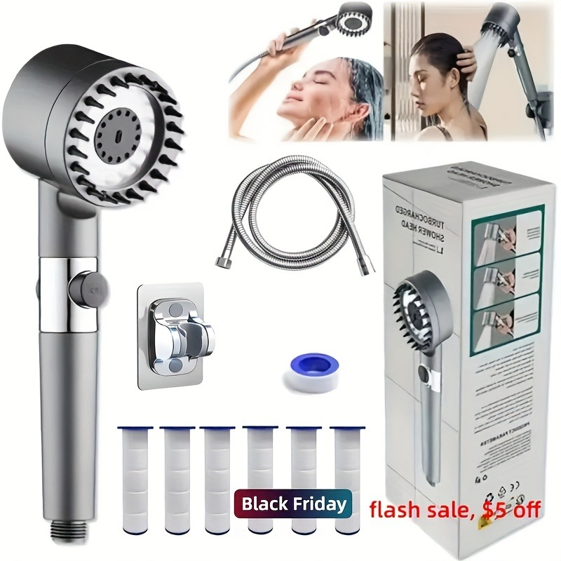 Stainless steel fixture + 5 filter shower set, with 3 adjustable modes, stainless steel panel and adapter, perfect Christmas gift, Christmas shower. My order