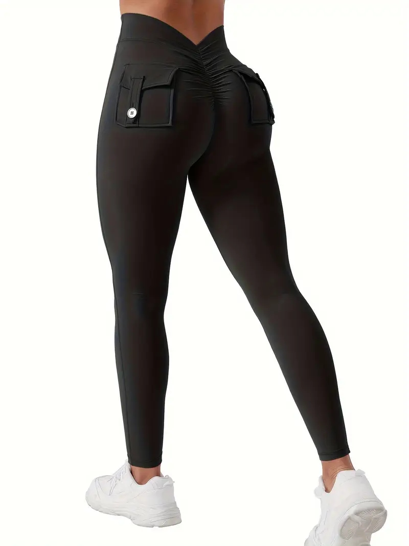 Women's V-back leggings with pockets, exercise leggings, abdominal control, hip lifting, gym yoga leggings