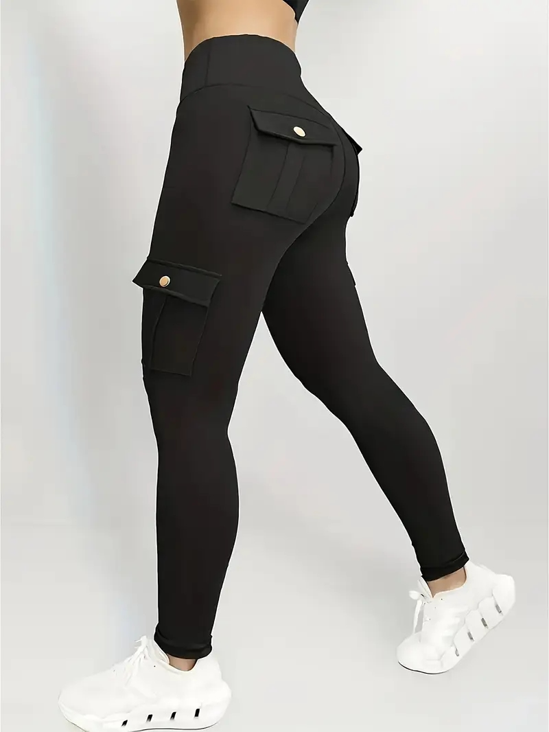 Women's High Waist Yoga Pants One Piece Set with Pocket - Stretch Running Pants, Button Design, Solid Colors (Black, Date Red, Grey), Practical Flip Pocket, Comfortable Polyester Blended Fabric