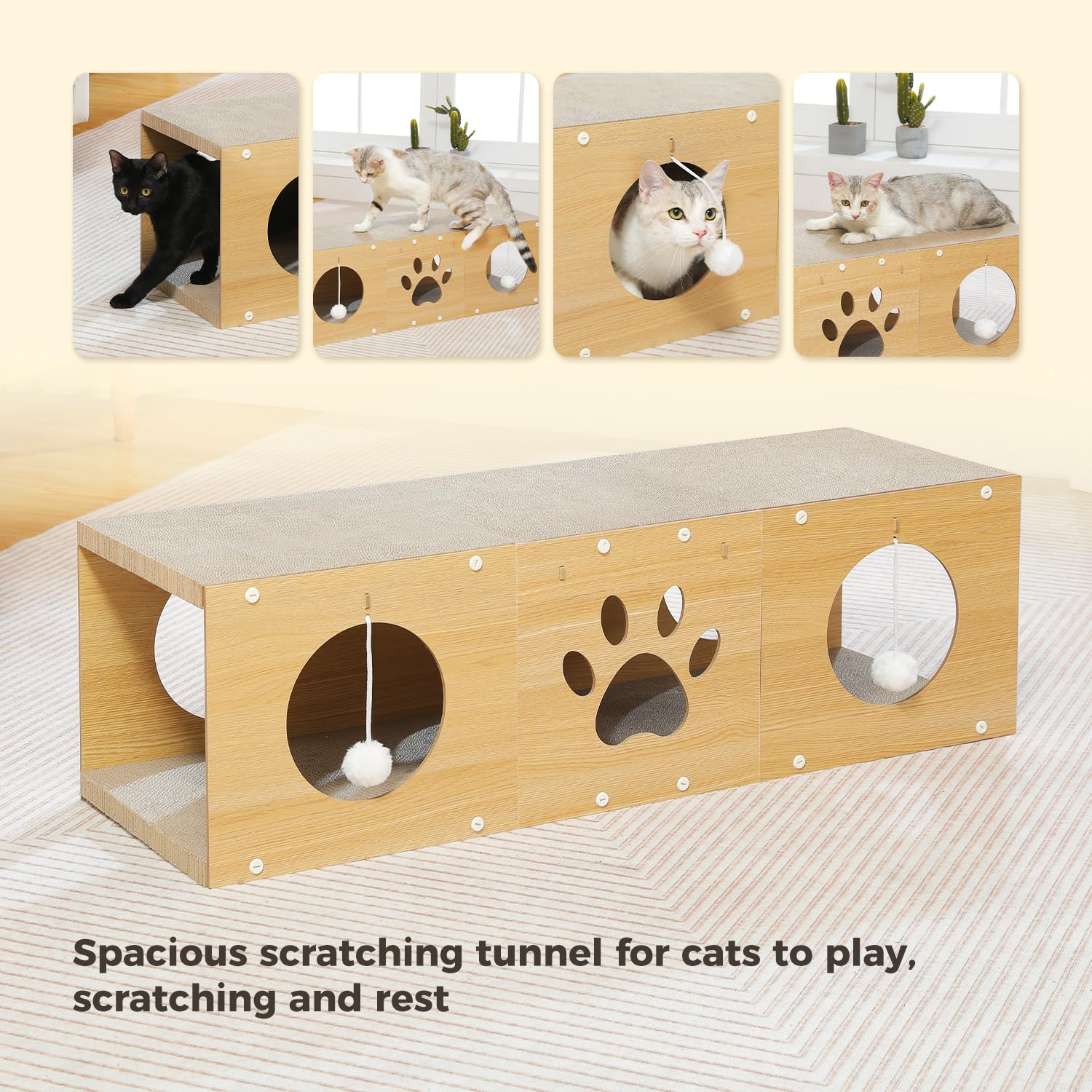 MUlti-Hole Fun Cat tunnel with scratching board and Game Pom Pom Cat tunnel House, Interactive Cat scratching House, Self-improvement Drilling Hole Teaser, must-have for Multi-Cat Families