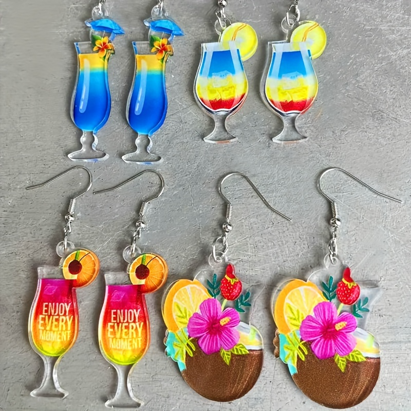 Lxalry Vibrant Acrylic Tropical Cocktail Dangle Earrings, 3-Design Summer Jewelry Set with Hypoallergenic Hooks, Lightweight Fun Gift for Beach Parties & Poolside Glamour
