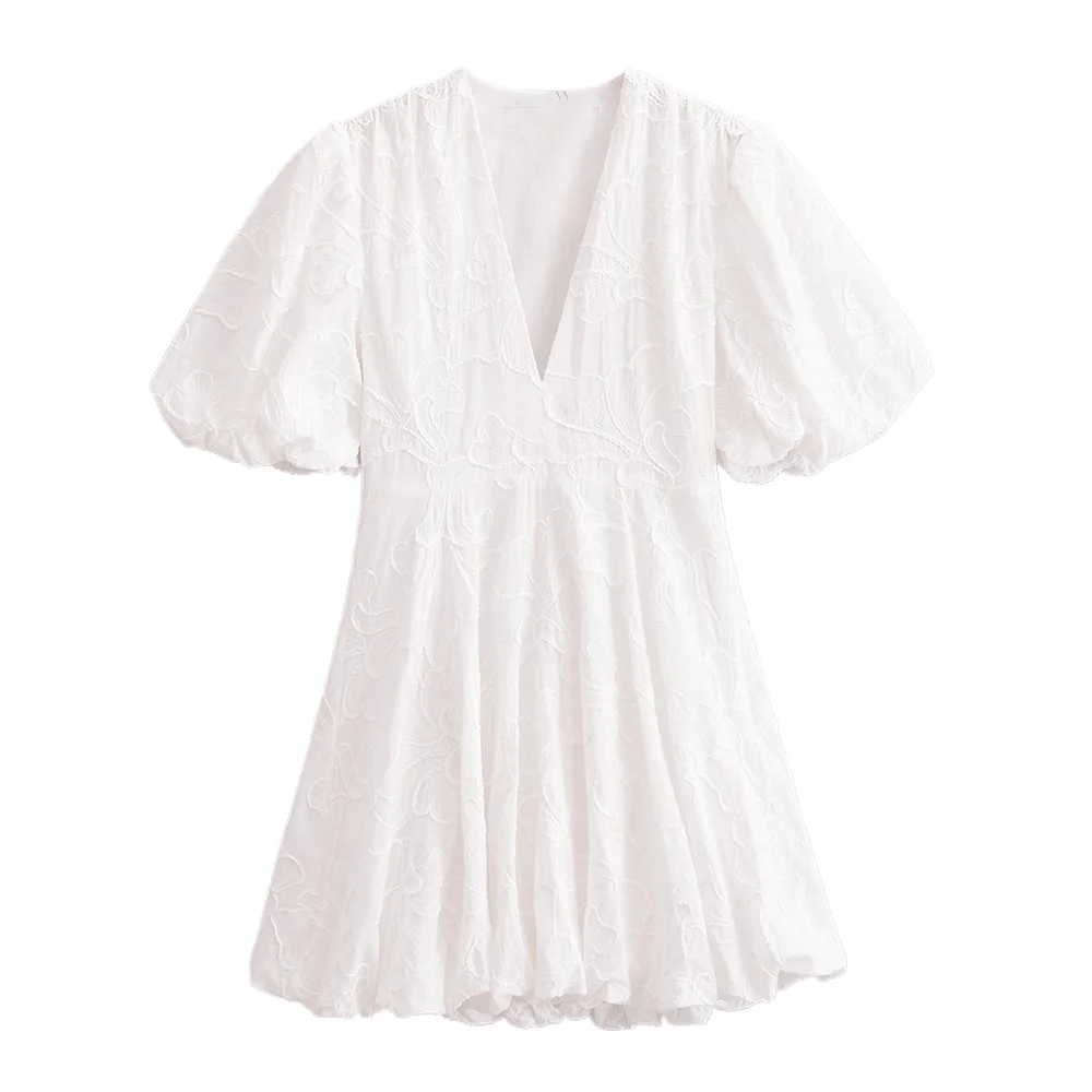 Versatile White V-neck Embroidered Puffy Sleeve Mini Dress Shirt