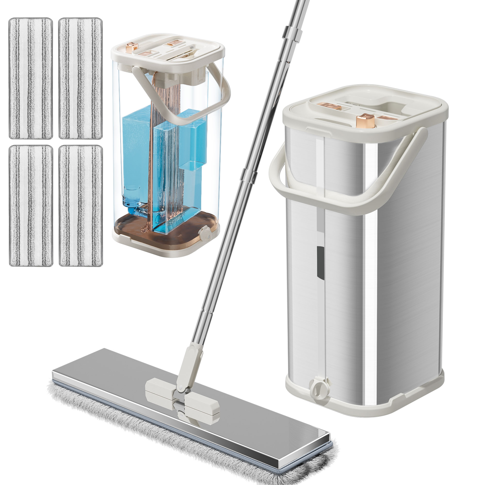 Separates Dirty Water Mop, Flat Mop and Bucket for Home with 4 Extra Refills, Stainless Steel Mop and Bucket with Wringer