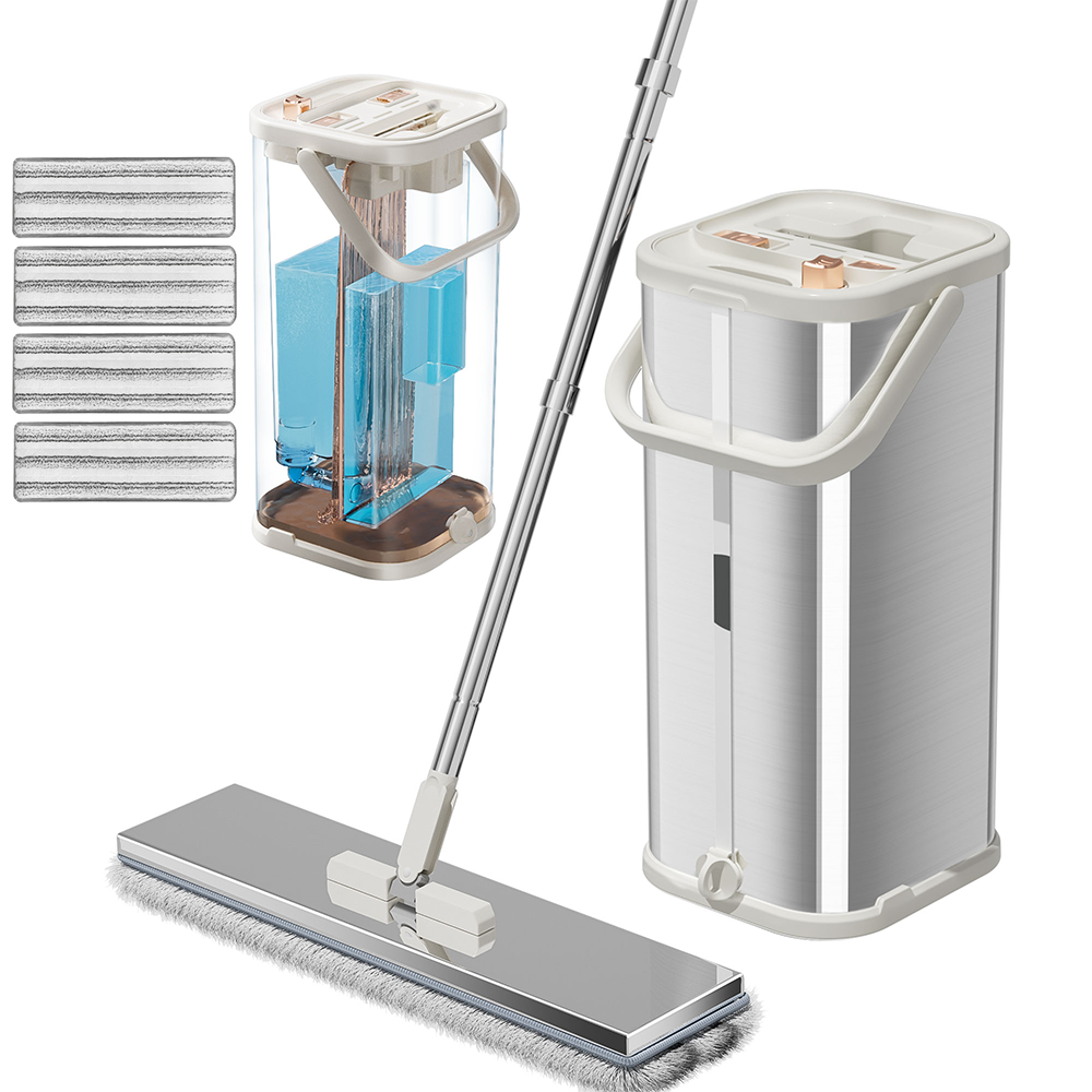 Separates Dirty Water Mop, Flat Mop and Bucket for Home with 4 Extra Refills, Stainless Steel Mop and Bucket with Wringer