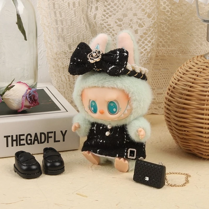 For 17cm Labubu Idol Doll luxury clothes Outfit black Dress Set Labubu V1V2 Mini DIY doll clothing bag shoes accessories