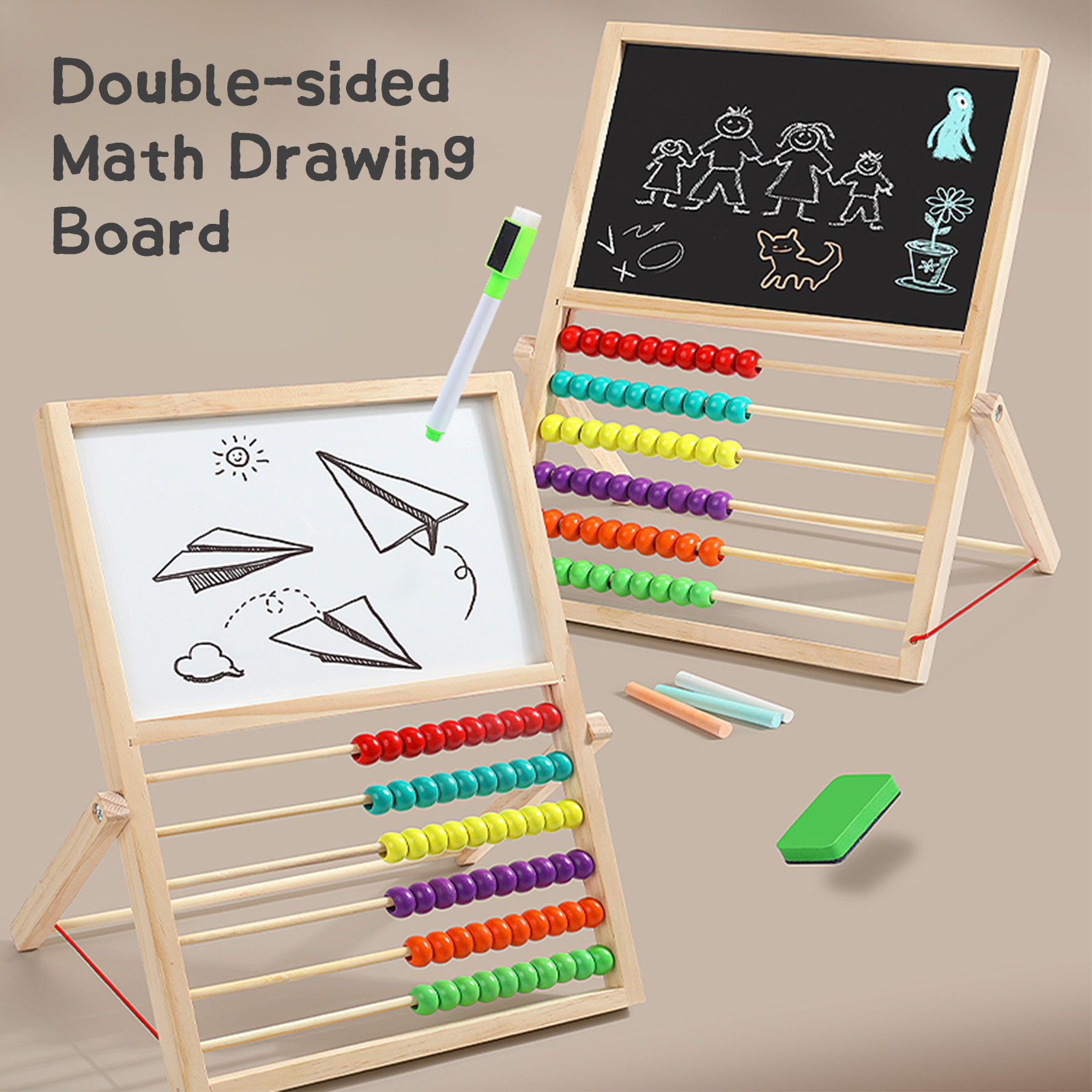 2-in-1 Kids Wooden Art Easel with Abacus – Double-Sided Magnetic Whiteboard & Chalkboard, Foldable Montessori Learning Toy for Toddlers, Educational Drawing Board with Colorful Counting Beads