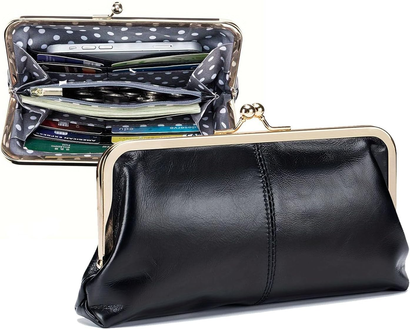 Wallet for Women, Genuine Leather Coin Purse Kiss Lock Wallets with Zipper Coin Pocket, Multi-card Slots Card Holder