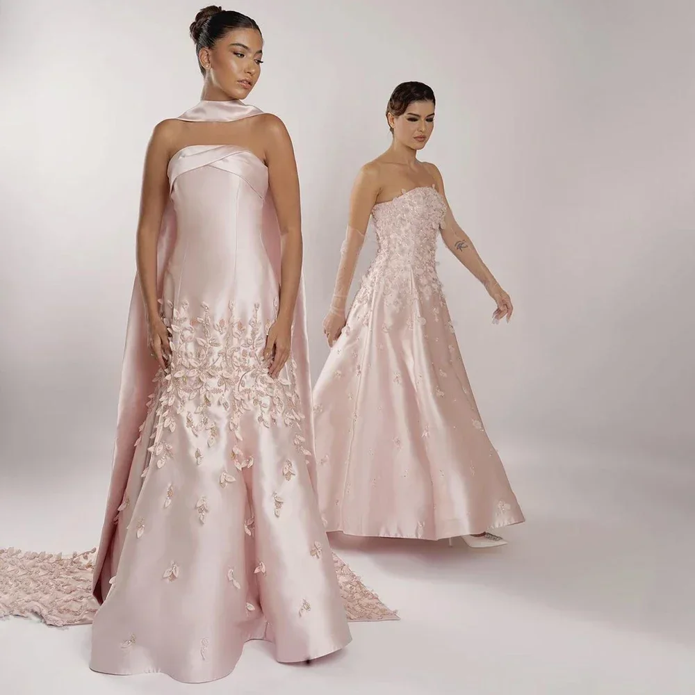 Serene Hill Luxury Leaves Pink Satin Mermaid Eveni...